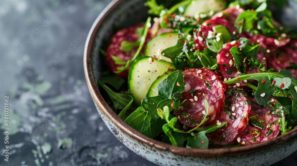 Salad with salami and green vegetables Salad with salami and green vegetables