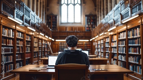 A university student studying in a library filled with books, laptops, and academic resources, highlighting the dedication to higher education photo