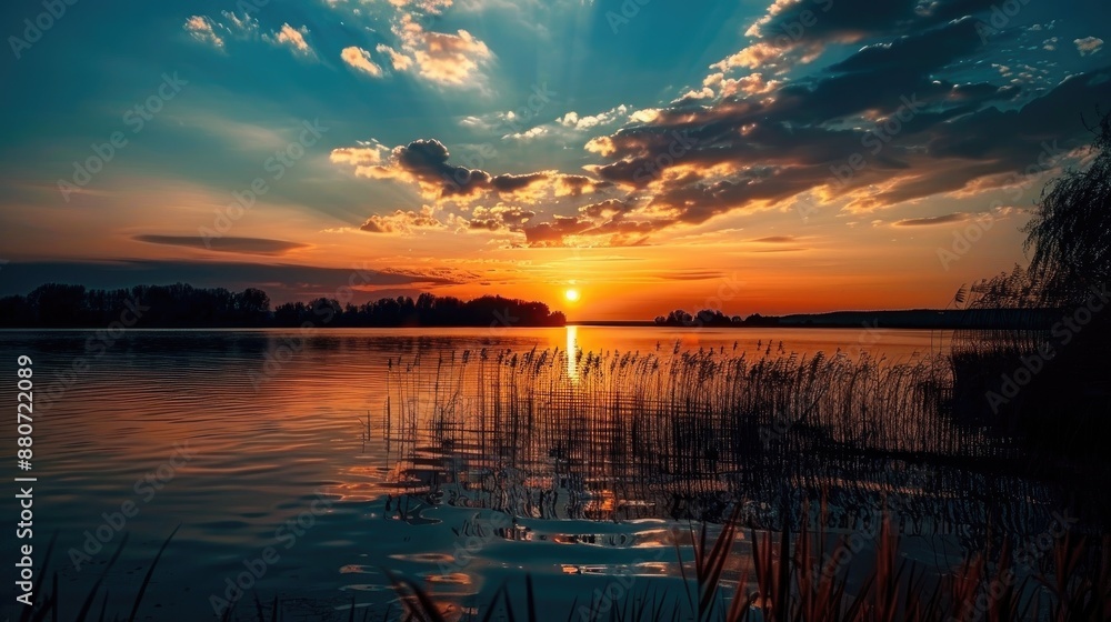 Stunning sunset over a lake with a silhouette foreground soft focus from a long exposure shot Perfect nature background Stunning sunset over a lake with a silhouette foreground soft focus from a long exposure shot Perfect nature background