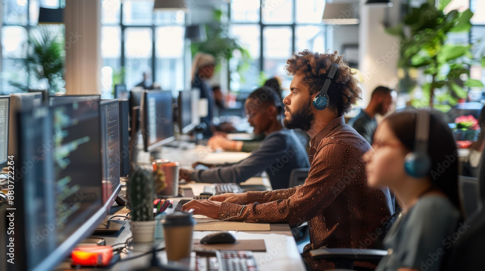Software developers working in an open-plan office, deeply engaged in coding and programming tasks, fostering a collaborative environment. Software developers working in an open-plan office, deeply engaged in coding and programming tasks, fostering a collaborative environment.
