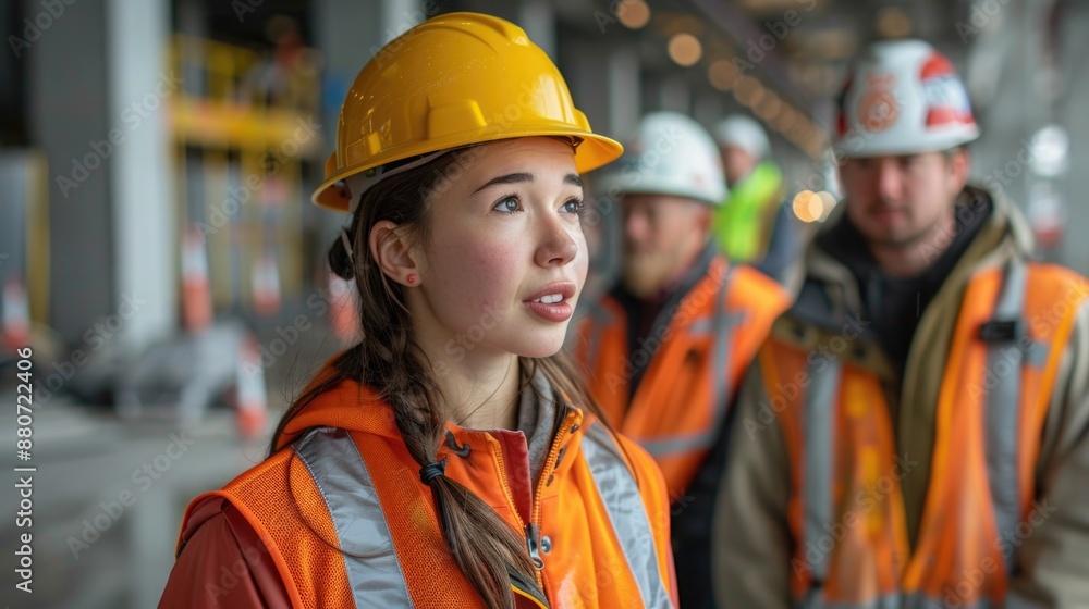 Professional Female Construction Worker with Team on Site Professional Female Construction Worker with Team on Site