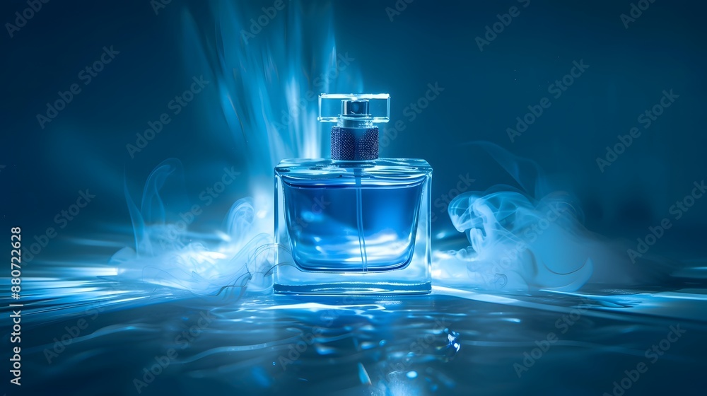 Elegant Blue Perfume Bottle with Mystical Smoke and Light Effects on Reflective Surface Elegant Blue Perfume Bottle with Mystical Smoke and Light Effects on Reflective Surface