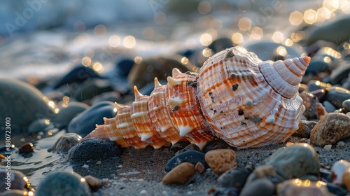 Seashell resting on shore © pngking