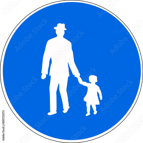 Round blue and white colored road sign pedestrian walkway with father holding hands with daughter. Illustration made July 11th, 2024, Zurich, Switzerland.