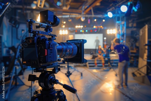 A camera set up on a tripod in a recording studio