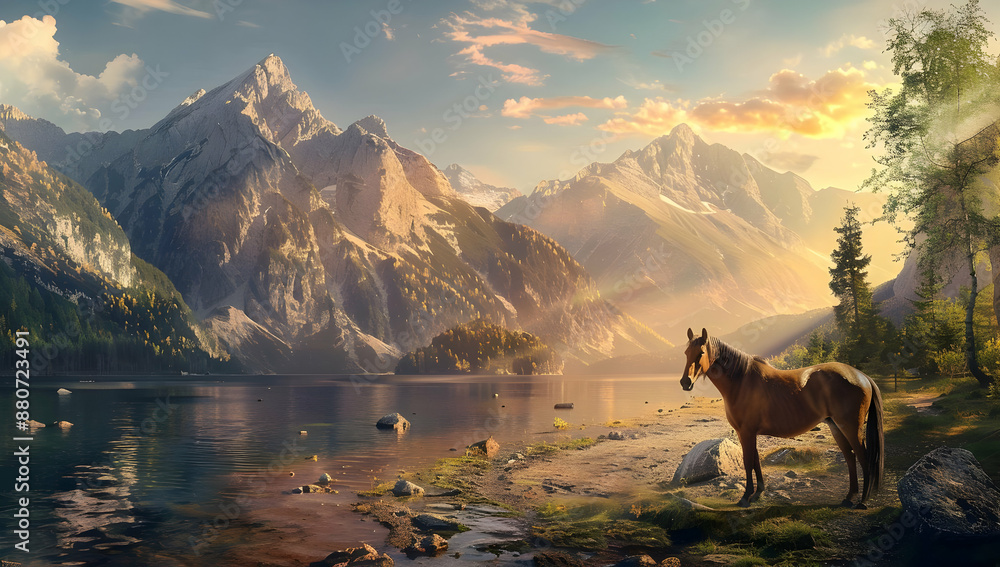 A serene mountain landscape with a horse by a tranquil lake at sunset, showcasing the beauty of nature. A serene mountain landscape with a horse by a tranquil lake at sunset, showcasing the beauty of nature.