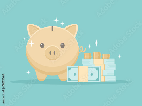 A golden piggy bank with stacks of banknotes and coins on a green background. Flat vector illustration