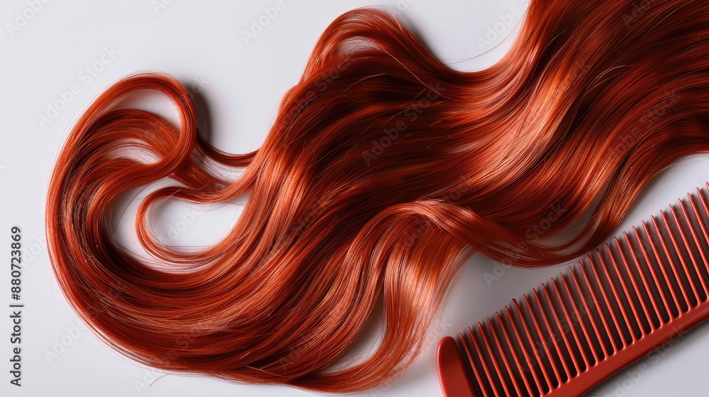Red wavy hair on a comb against white background Concept of healthy hair care Red wavy hair on a comb against white background Concept of healthy hair care