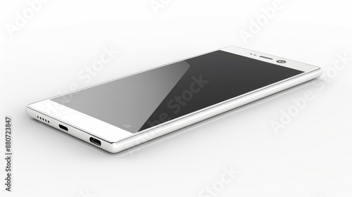 White smartphone with touch screen in side view on white background