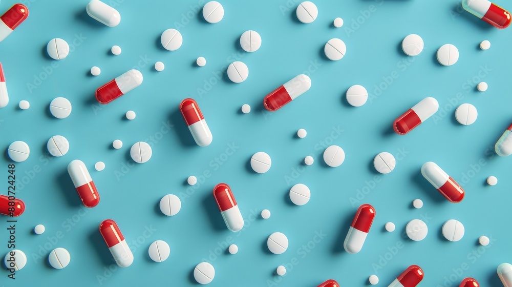 Pain relief in Pharmaceuticals with red and white pills on blue background Pain relief in Pharmaceuticals with red and white pills on blue background