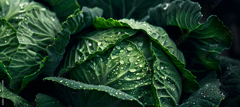 Close-up of fresh green cabbage leaves with water droplets, showcasing the natural texture and vibrant color of the vegetable. Close-up of fresh green cabbage leaves with water droplets, showcasing the natural texture and vibrant color of the vegetable.