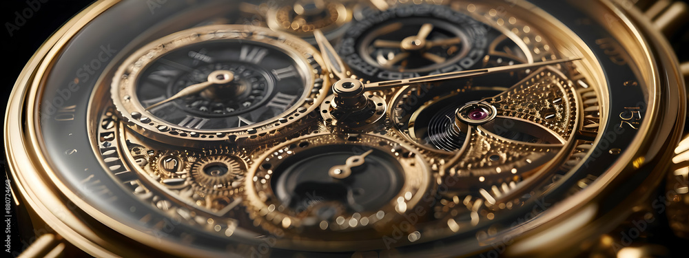Close-up of intricate luxury mechanical watch details with golden gears and elegant craftsmanship under high-quality lighting. Close-up of intricate luxury mechanical watch details with golden gears and elegant craftsmanship under high-quality lighting.
