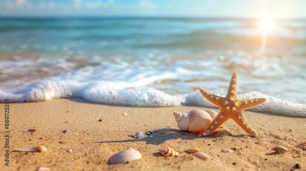 Starfish and shell on sandy beach with sea waves in sunlight Starfish and shell on sandy beach with sea waves in sunlight