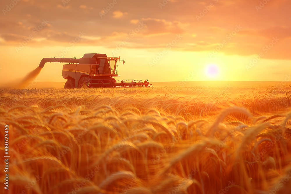 Fototapeta premium Golden wheat field during sunset with a combine harvester working, highlighting a picturesque scene of agricultural harvest and rural beauty.