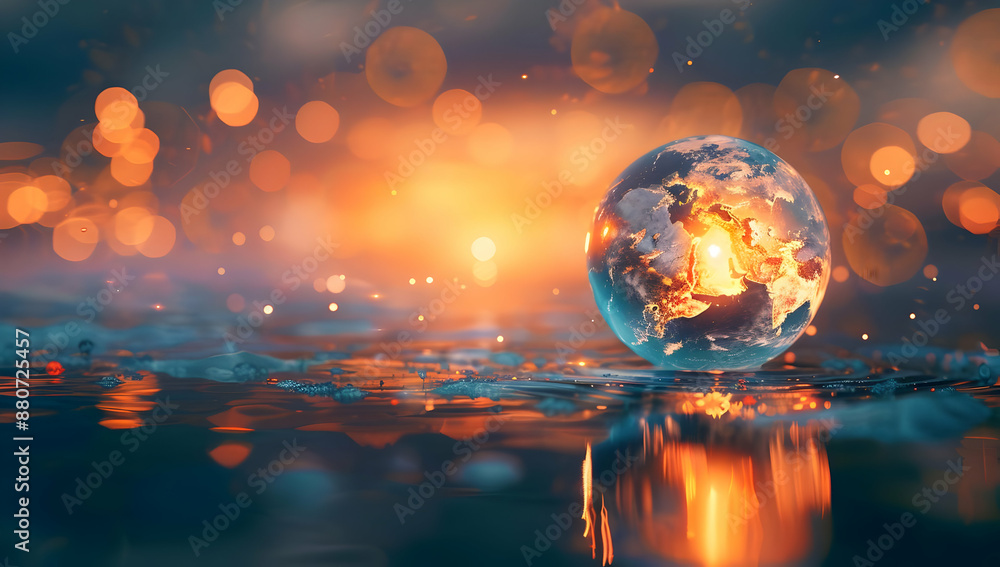 Glowing Earth globe with reflections in water against a vibrant, bokeh-lit background, symbolizing global warming and climate change. Glowing Earth globe with reflections in water against a vibrant, bokeh-lit background, symbolizing global warming and climate change.