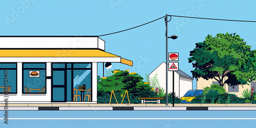 Roadside cafe building. Cartoon street fast food restaurant and shop for drivers and travelers with suburban or village neighborhood in background.