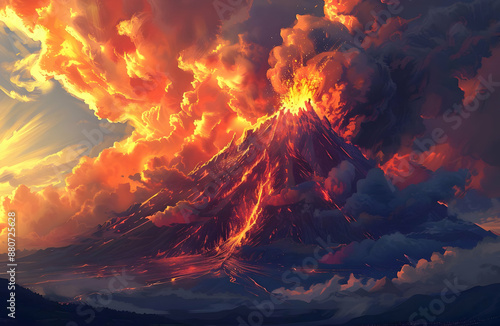 Majestic erupting volcano with fiery lava and dramatic smoke clouds against a sunset sky, showcasing nature's raw power and beauty. photo