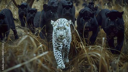Majestic white jaguar leading a group of black panthers through tall grass in the wild, displaying the beauty of nature's diversity.