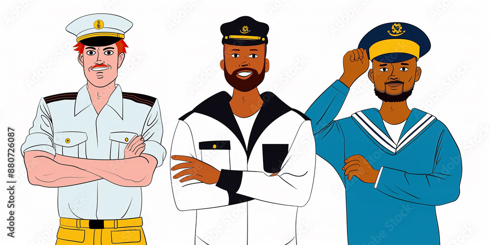 Ship captain and sailor in white and blue striped uniform and hat. Cruise ship crew young male characters cartoon vector illustration set.
