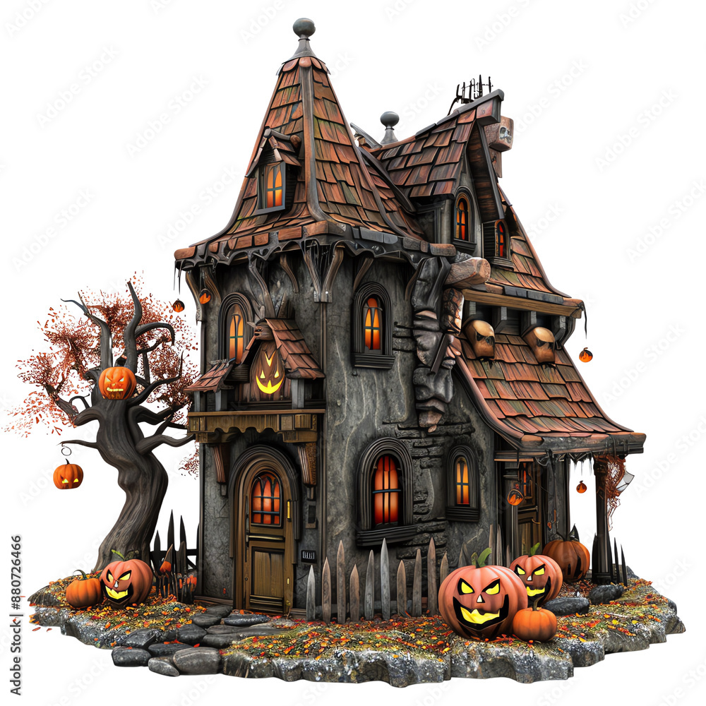 Spooky haunted house with pumpkins and eerie tree, perfect for Halloween theme. Detailed, whimsical, and atmospheric digital art. Spooky haunted house with pumpkins and eerie tree, perfect for Halloween theme. Detailed, whimsical, and atmospheric digital art.