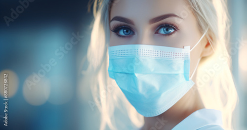 medical mask, Female doctor, wearing protective mask, corona virus protection, healthy lifestyle, pandemic, health protection concept photo