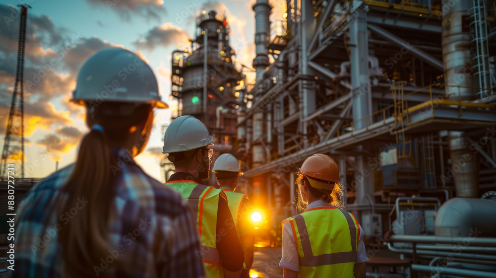 Team of workers inspecting a refinery at sunset, highlighting industrial processes and safety in construction. Team of workers inspecting a refinery at sunset, highlighting industrial processes and safety in construction.
