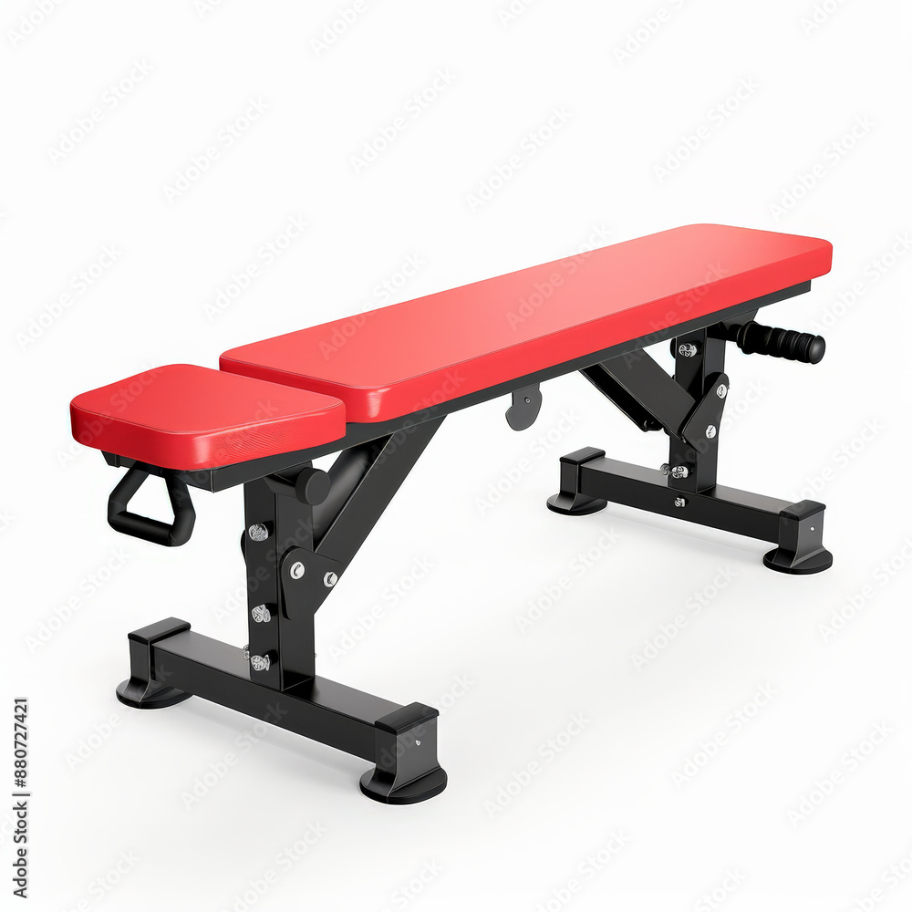 A compact adjustable bench in red and black, isolated on white background A compact adjustable bench in red and black, isolated on white background