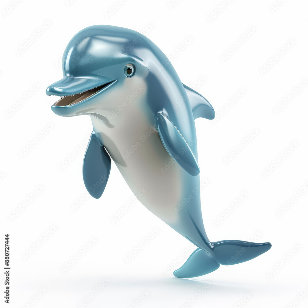 A cartoon 3D happy dolphin with a sleek body and a playful expression, jumping out of the water, isolated on white background. A cartoon 3D happy dolphin with a sleek body and a playful expression, jumping out of the water, isolated on white background.
