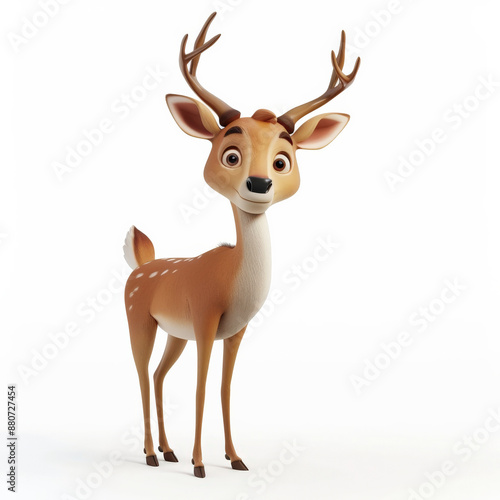 A cartoon 3D happy deer with antlers and a joyful look, standing gracefully, isolated on white background.