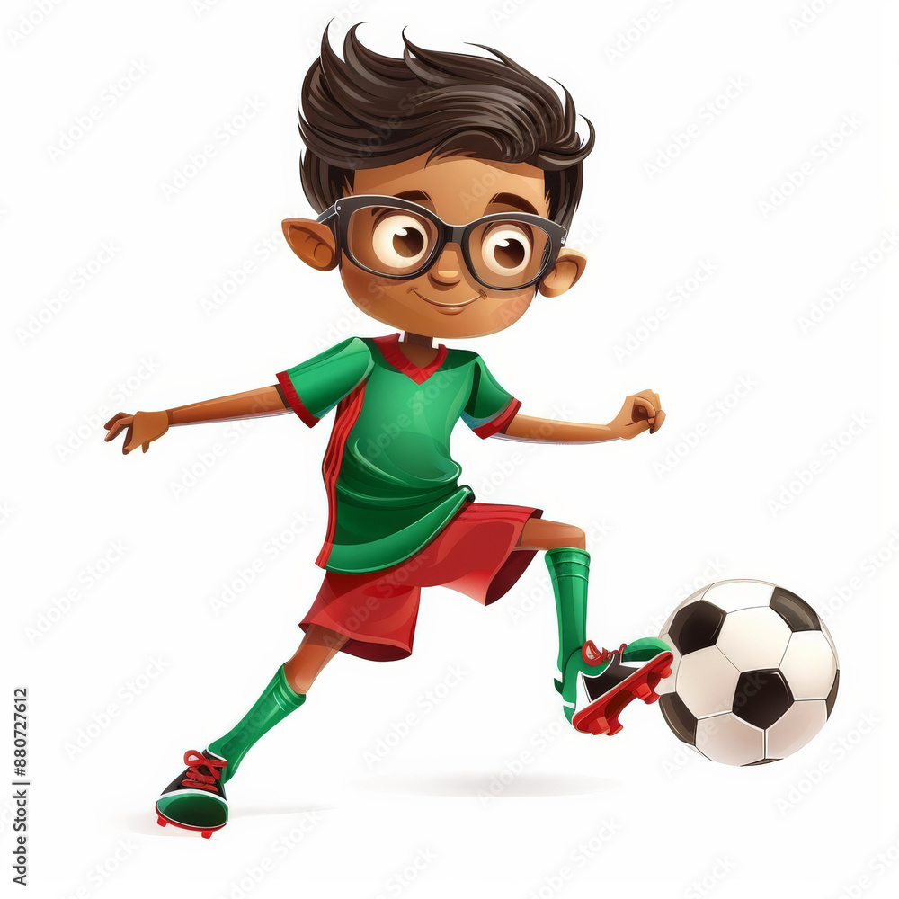 A cartoon soccer player with glasses, in a green and red uniform, passing the ball skillfully, isolated on white background