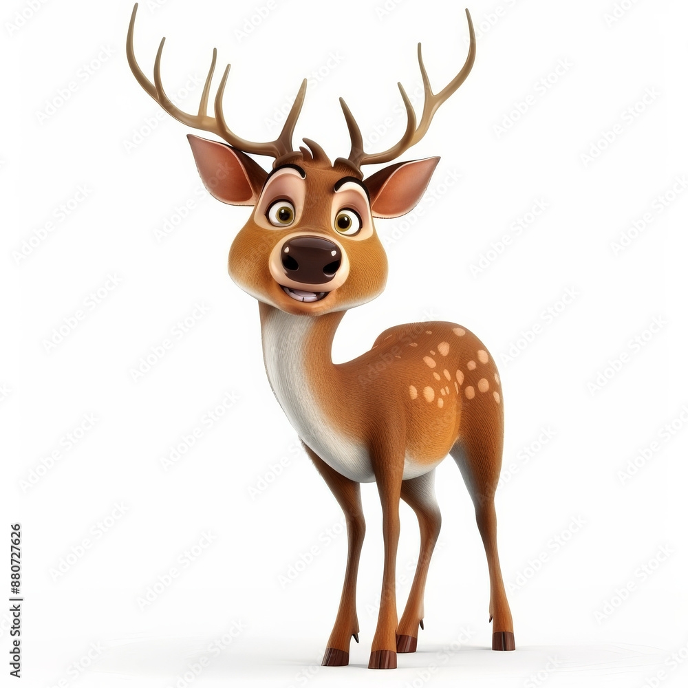 Fototapeta premium A cartoon 3D happy deer with antlers and a joyful look, standing gracefully, isolated on white background.