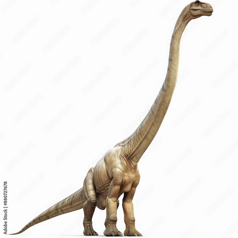 Obraz premium A majestic Brachiosaurus with its long neck reaching up, walking gracefully, isolated on white background.