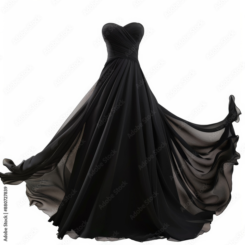A formal black evening gown with a fitted bodice and flowing skirt, isolated on white background. A formal black evening gown with a fitted bodice and flowing skirt, isolated on white background.