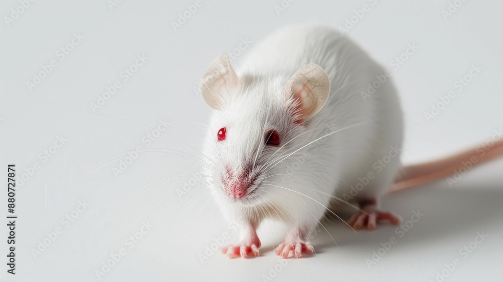 White lab rat with red eyes on white background space for text White lab rat with red eyes on white background space for text