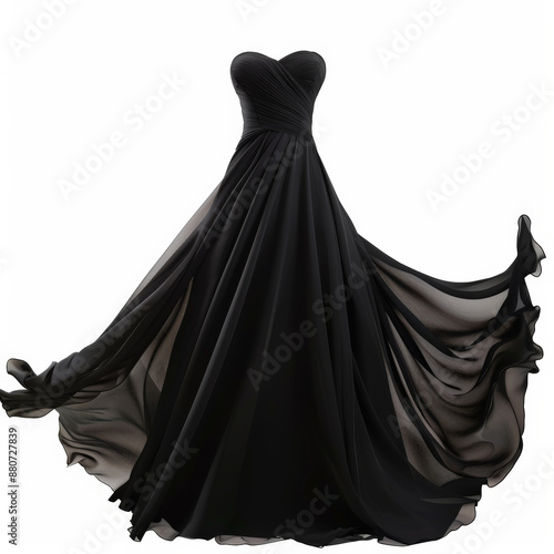 A formal black evening gown with a fitted bodice and flowing skirt, isolated on white background.