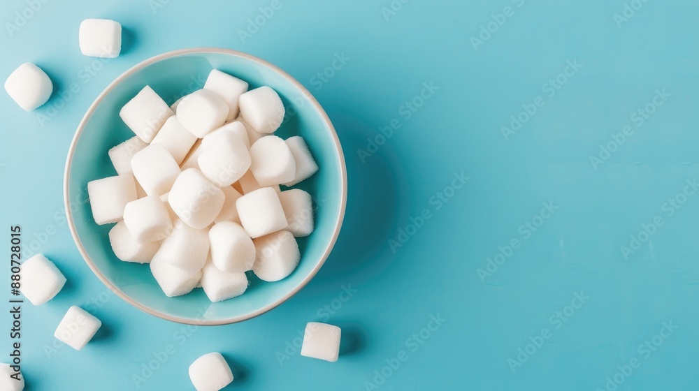 Sugar cubes in bowl on blue background Sugar cubes in bowl on blue background