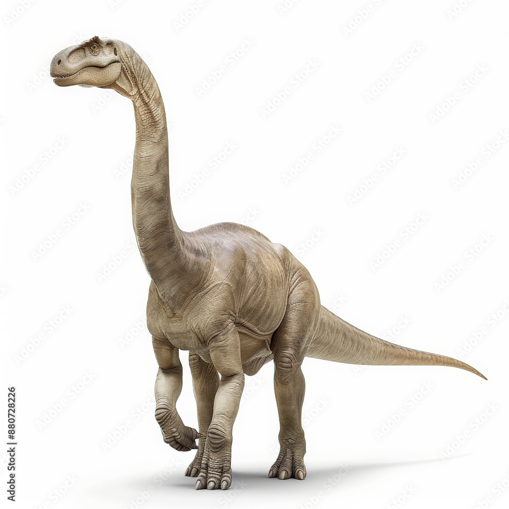 Fototapeta premium A juvenile Diplodocus with its long, slender neck and tail, appearing curious and playful, isolated on white background.