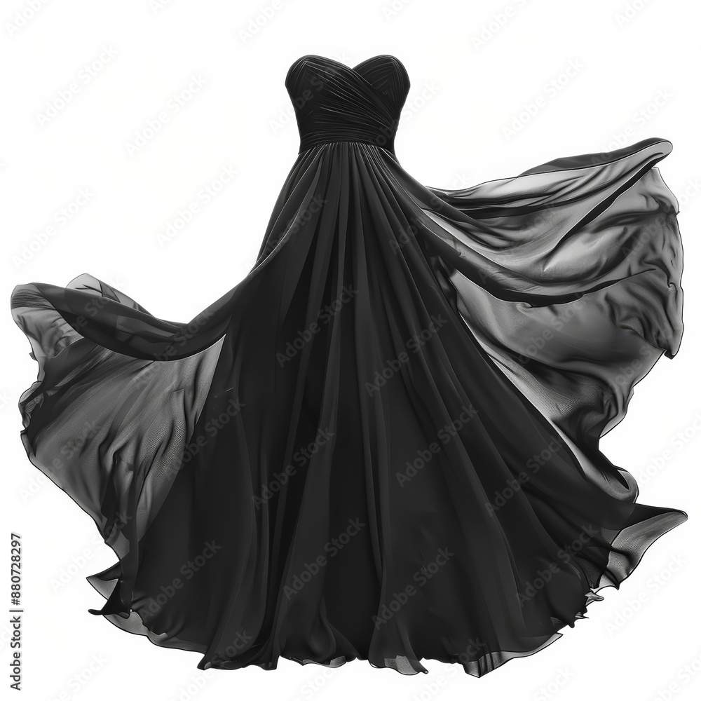 A formal black evening gown with a fitted bodice and flowing skirt, isolated on white background. A formal black evening gown with a fitted bodice and flowing skirt, isolated on white background.