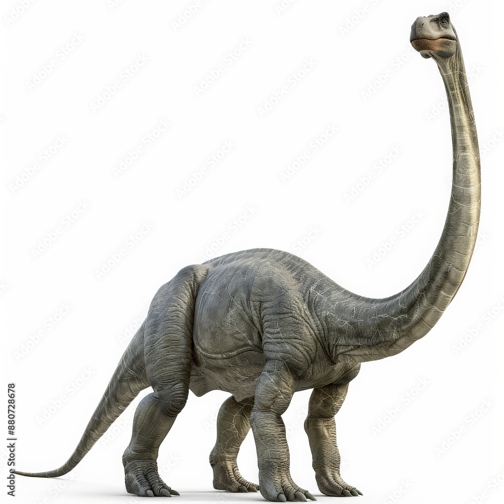Fototapeta premium A majestic Diplodocus with its incredibly long neck and tail, appearing calm and grazing, isolated on white background.