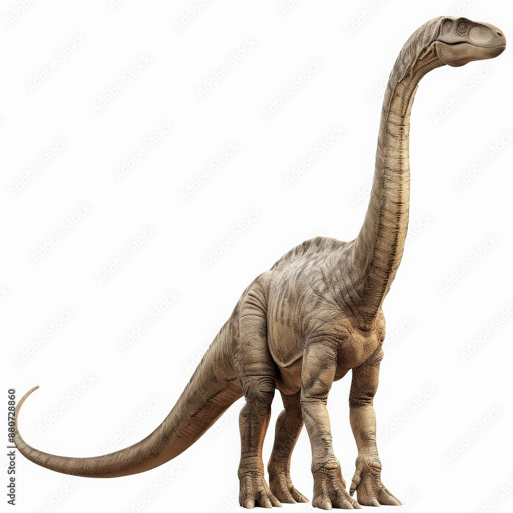 Fototapeta premium A majestic Diplodocus with its incredibly long neck and tail, appearing calm and grazing, isolated on white background.