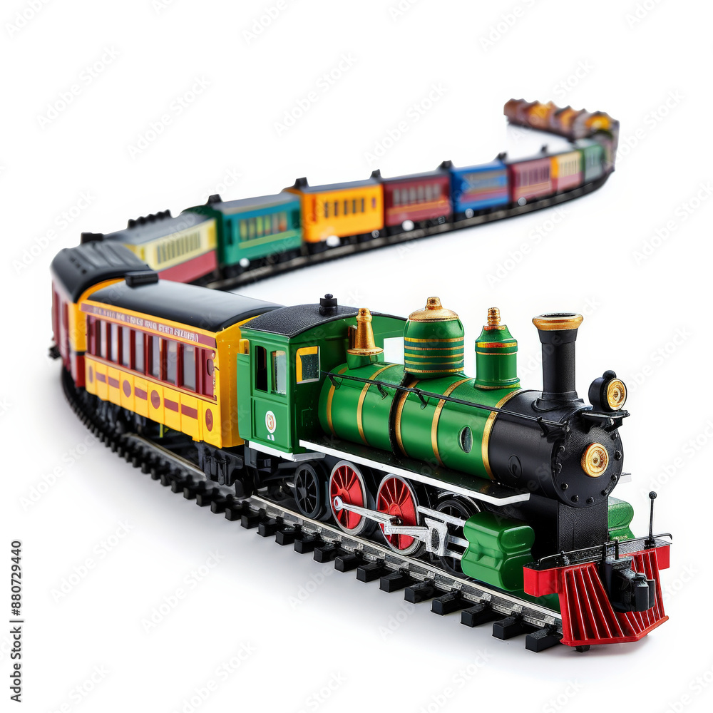 A toy train set with a locomotive and several cars, isolated on white background. A toy train set with a locomotive and several cars, isolated on white background.