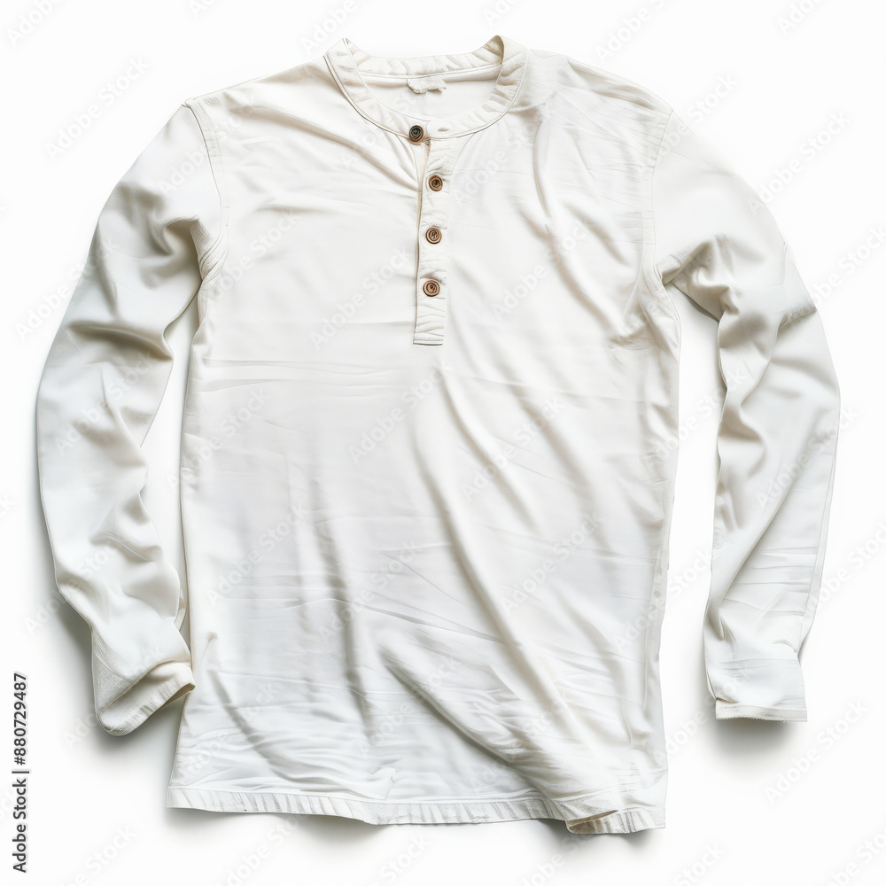 A casual white henley shirt with long sleeves and a three-button placket, isolated on white background. A casual white henley shirt with long sleeves and a three-button placket, isolated on white background.