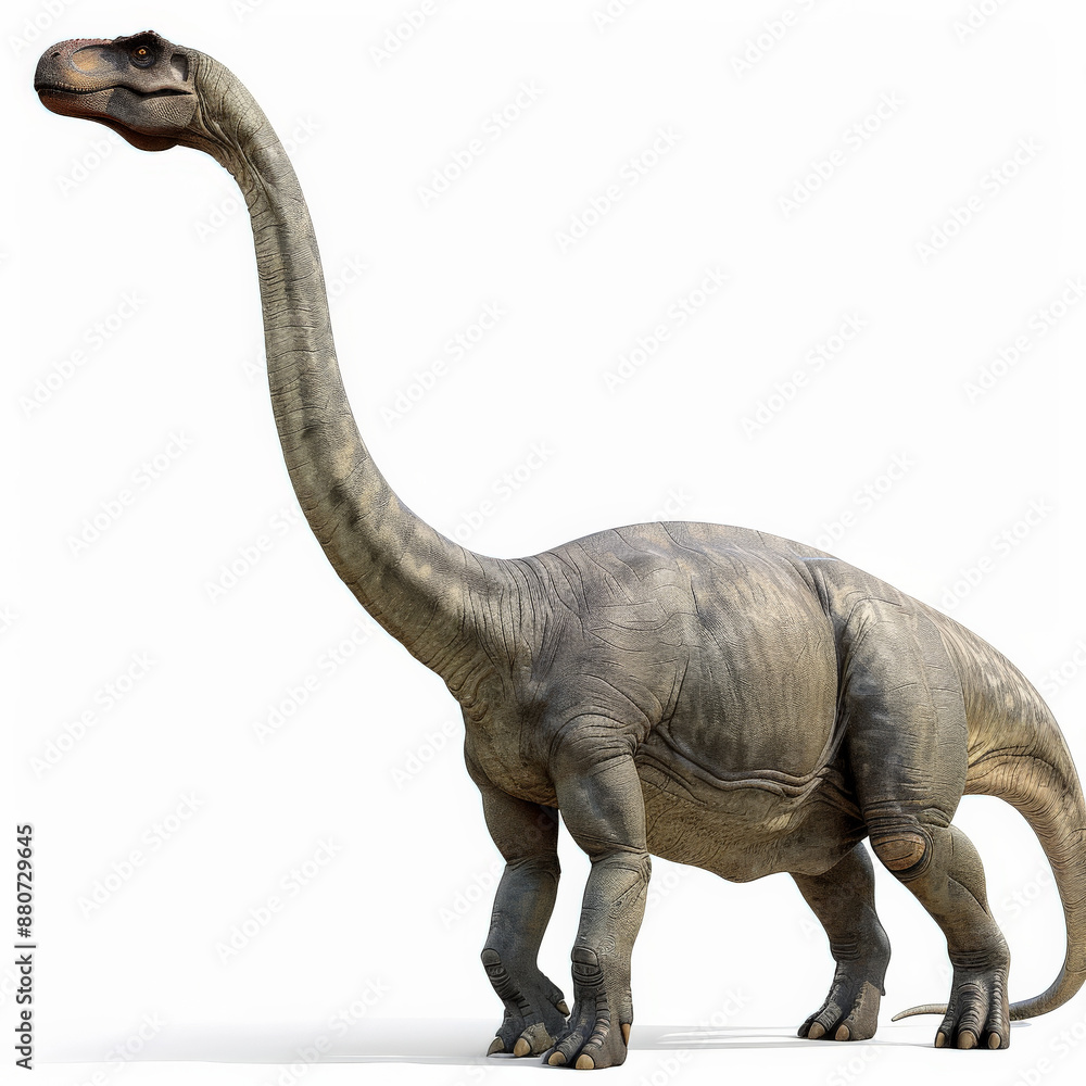 Obraz premium A friendly-looking Apatosaurus with its long neck and massive body, grazing peacefully, isolated on white background.