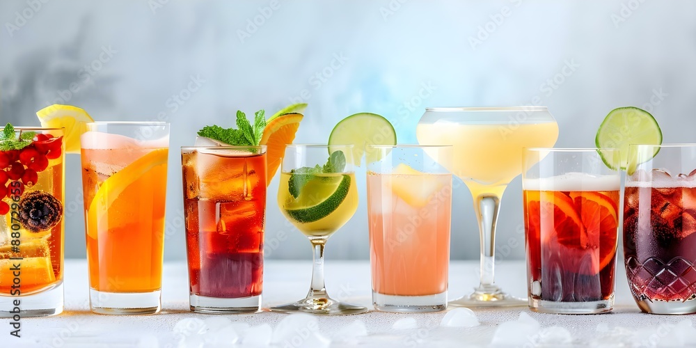 Display of various drinks in glasses for a colorful and celebratory event. Concept Colorful Drinks Presentation, Celebratory Event, Glassware Display, Beverage Variety, Vibrant Visuals Display of various drinks in glasses for a colorful and celebratory event. Concept Colorful Drinks Presentation, Celebratory Event, Glassware Display, Beverage Variety, Vibrant Visuals