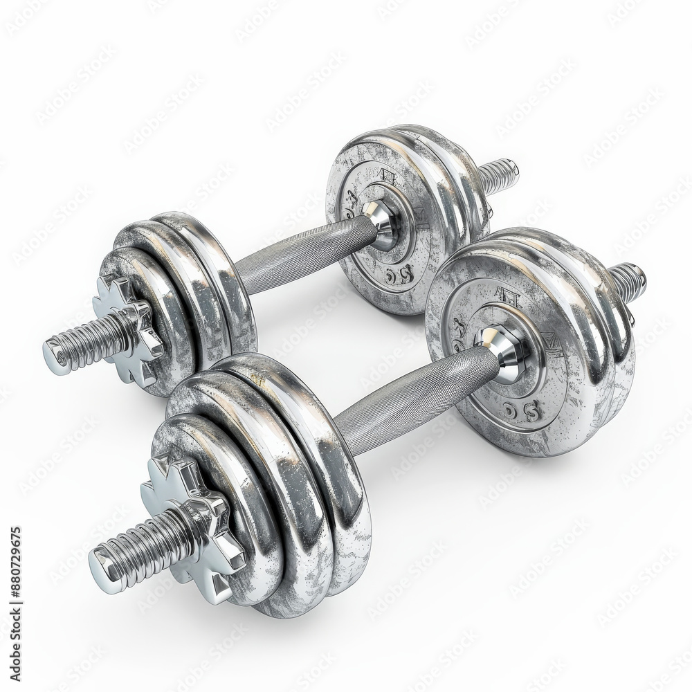 Naklejka premium A pair of adjustable dumbbells with a metallic finish, isolated on white background