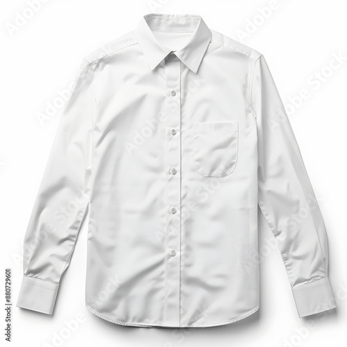 A classic white dress shirt with long sleeves, buttoned up, and a crisp collar, isolated on white background.