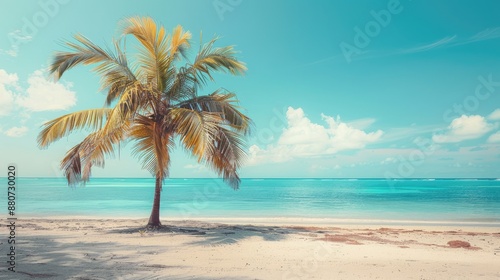 Fototapeta Naklejka Na Ścianę i Meble -  Vintage scene Palm tree by sandy beach and blue ocean under clear sky