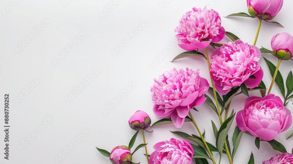 Pink peonies on white background with space for text top view and flat lay Pink peonies on white background with space for text top view and flat lay