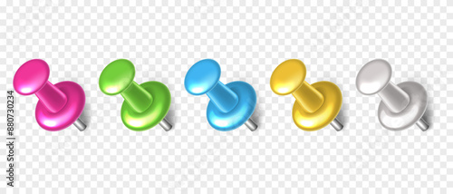 Vector 3D colorful push pin with shadow isolated on transparent background. Set of realistic plastic thumbtack in different angles.