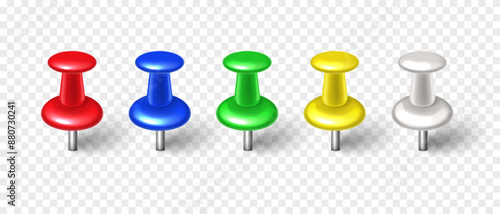 Vector 3D colorful push pin with shadow isolated on transparent background. Set of realistic plastic thumbtack in different angles.